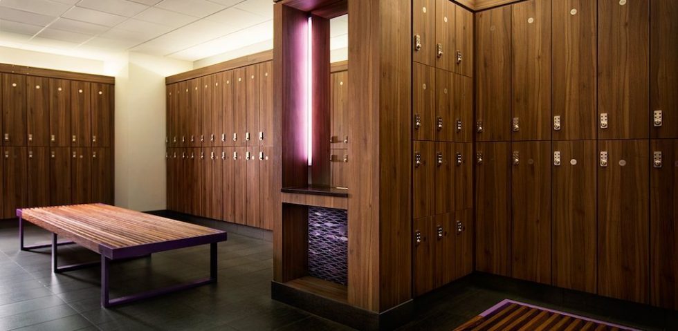 Equinox laminate lockers with integrated grooming station.